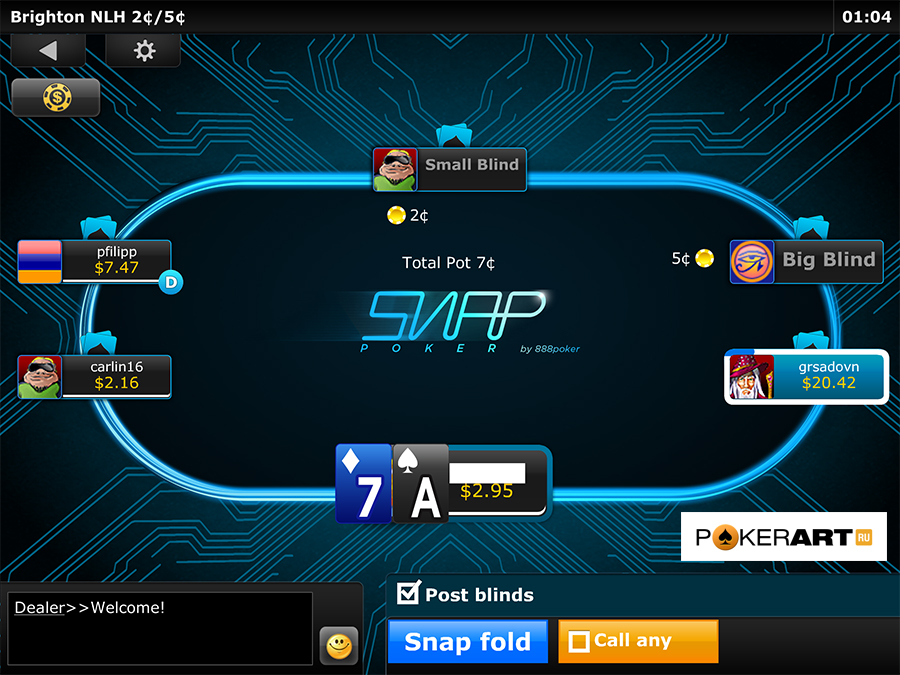 Скриншот стола мобильного приложения 888poker: игра Snap 